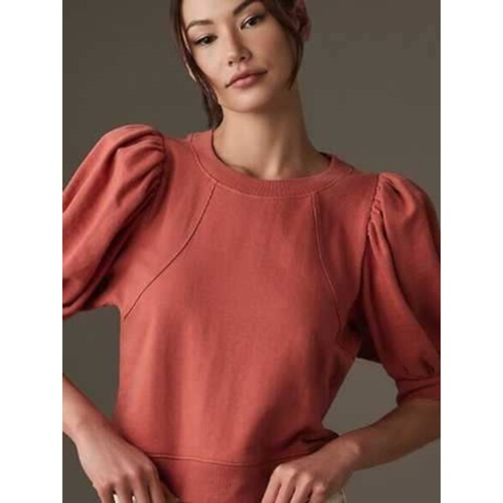 Maeve Puff Sleeve Sweatshirt 2X Terracotta Orange Crew Neck Short Sleeve Earthy
